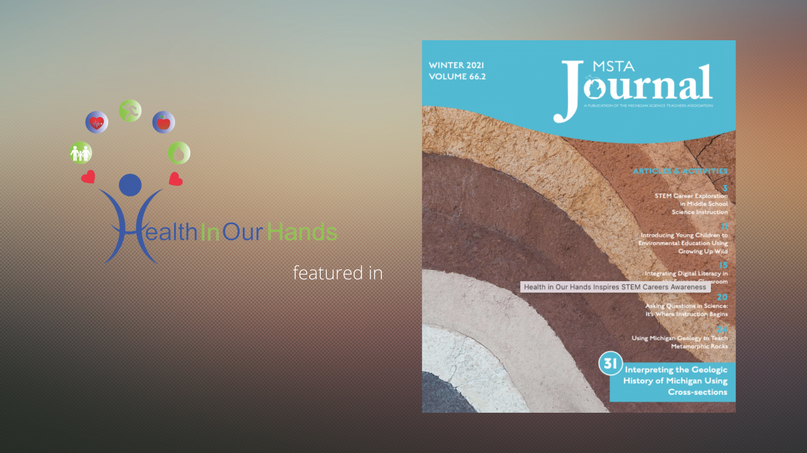 Health in Our Hands logo with photo of MSTA Journal cover Winter 2021