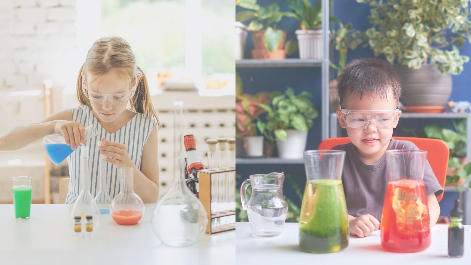 Young girl pouring blue liquid into beaker; young boy looking at red and green liquid in beakers