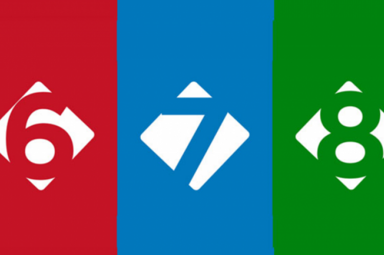 Numbers 6,7 and 8 with red, blue and green around them