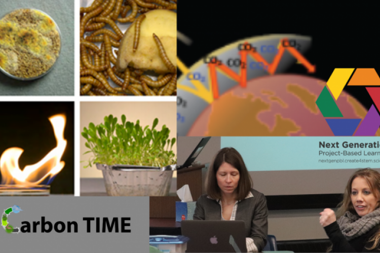 Collage of CarbonTIME logo, plant, fire, sun, Christie Morrison-Thomas and Cory Miller