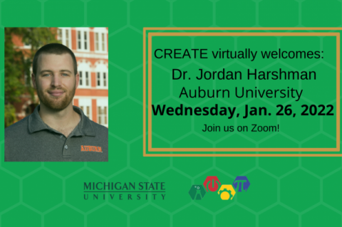 Photo of Jordan Harshman, CREATE logo, and msu logo